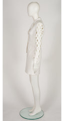 1990s Polka Dot White Cotton Lattice Sleeve Skirt Suit