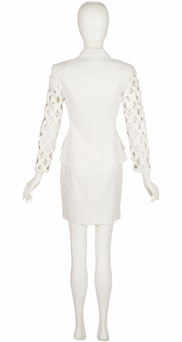 1990s Polka Dot White Cotton Lattice Sleeve Skirt Suit