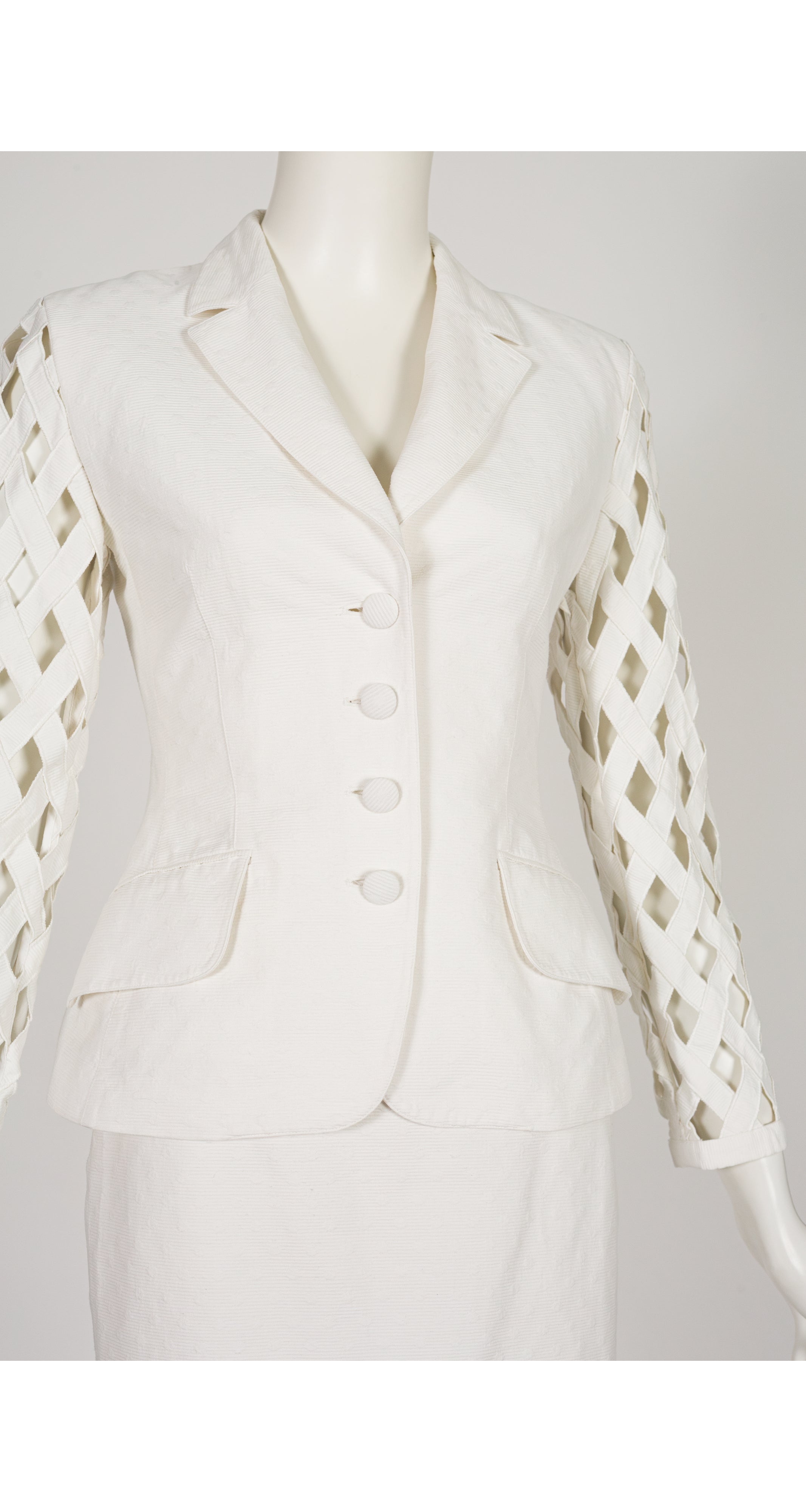 1990s Polka Dot White Cotton Lattice Sleeve Skirt Suit