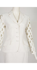 1990s Polka Dot White Cotton Lattice Sleeve Skirt Suit