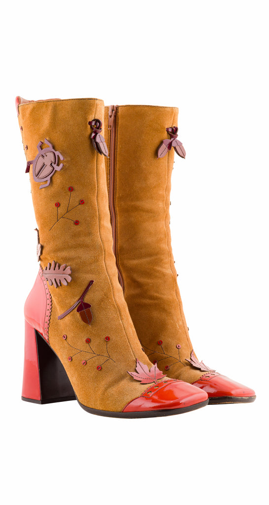 Prada 1999 F/W Autumnal Bug & Leaf Applique Suede Boots