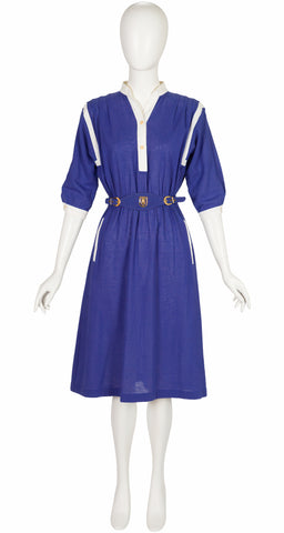 1980s Navy Cotton Logo Belt Shirt Dress