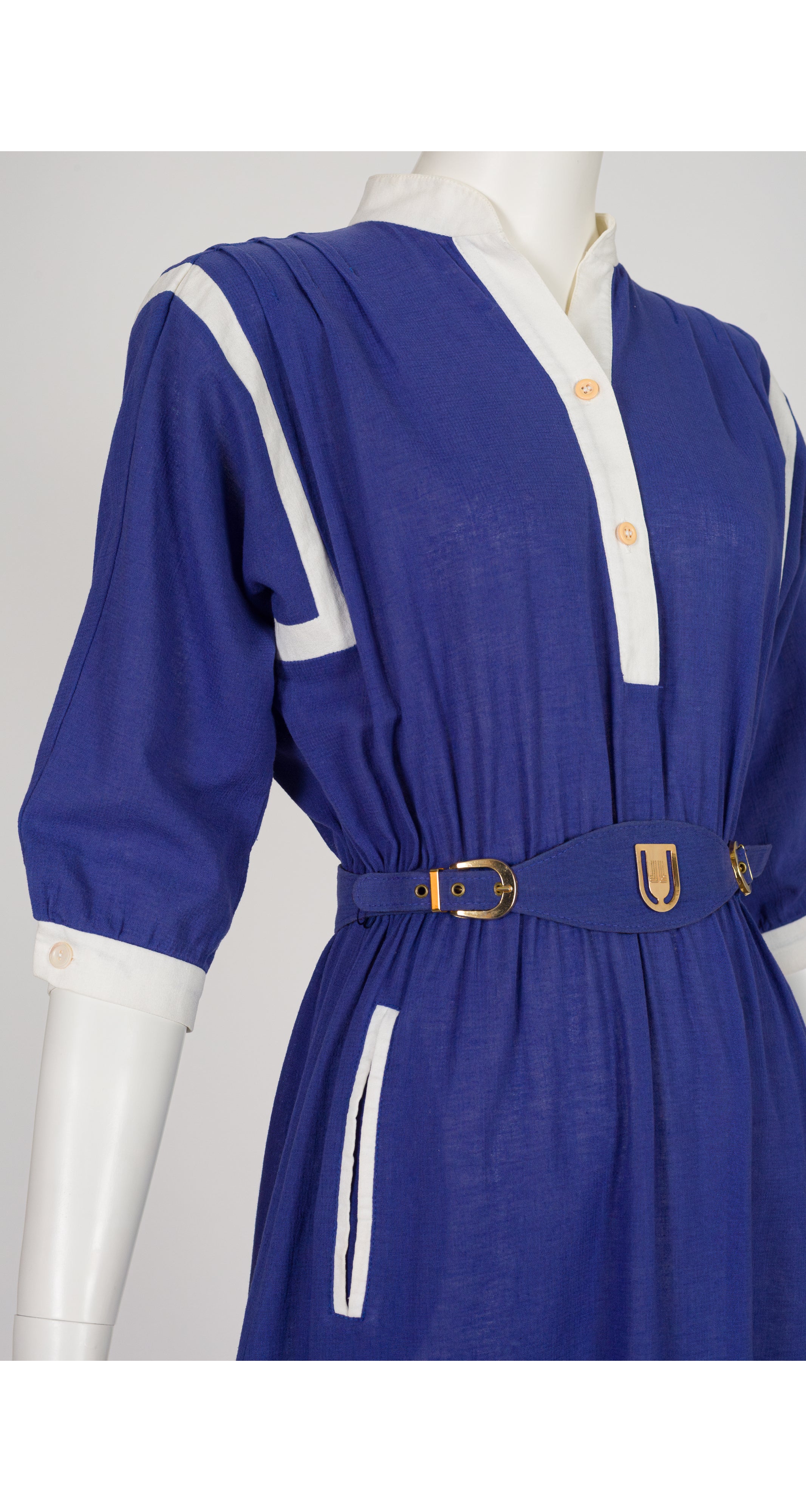 1980s Navy Cotton Logo Belt Shirt Dress