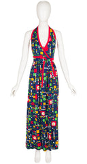 1970s Floral Geometric Print Cotton Jersey Halter Maxi Dress