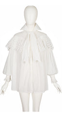 1983 S/S White Eyelet Cotton Ruffle Tie-Neck Blouse