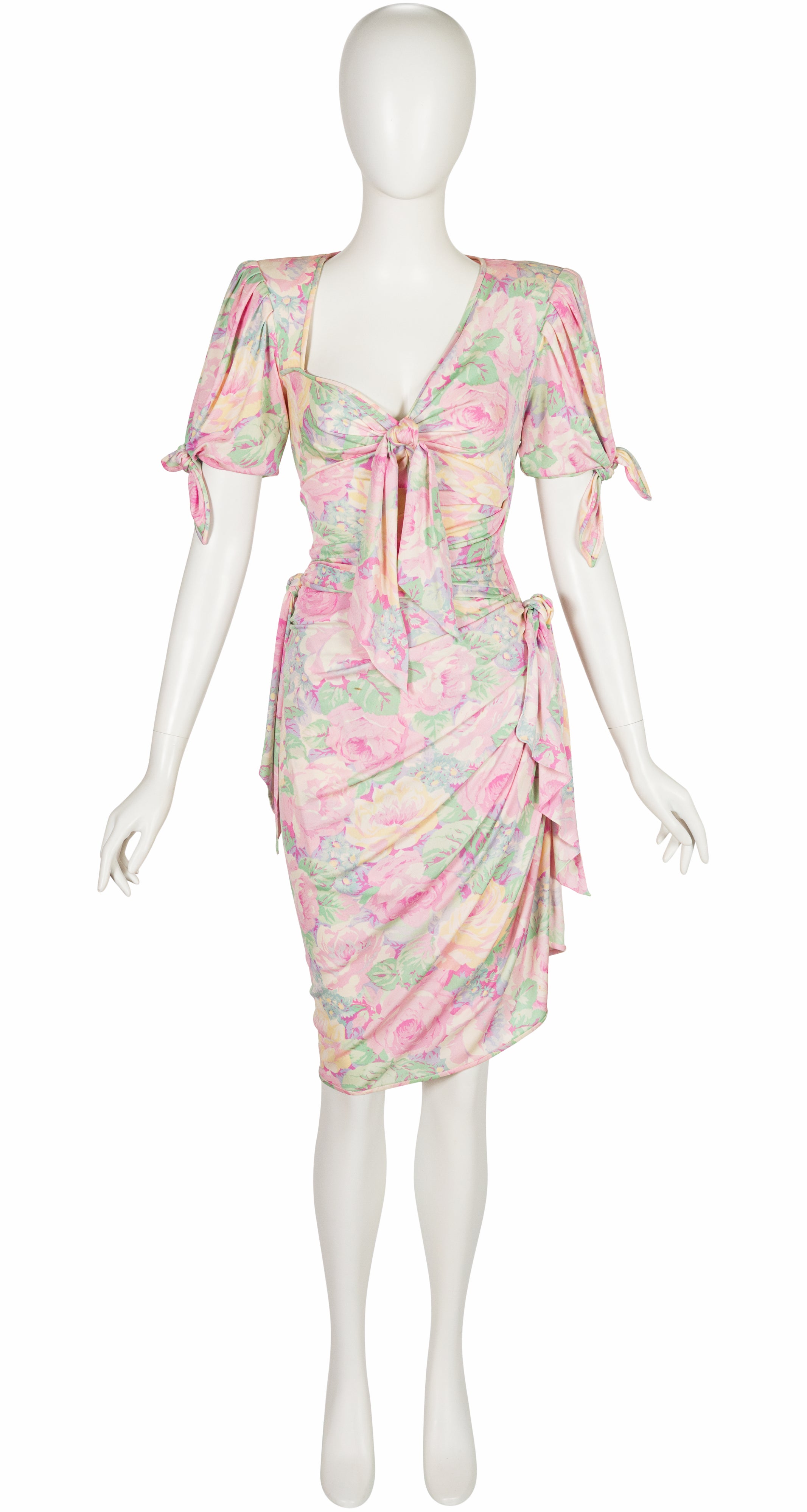 1988 S/S Floral Pastel Silk Jersey Ruched Dress