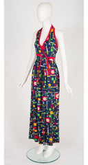 1970s Floral Geometric Print Cotton Jersey Halter Maxi Dress