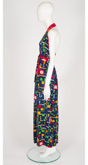 1970s Floral Geometric Print Cotton Jersey Halter Maxi Dress