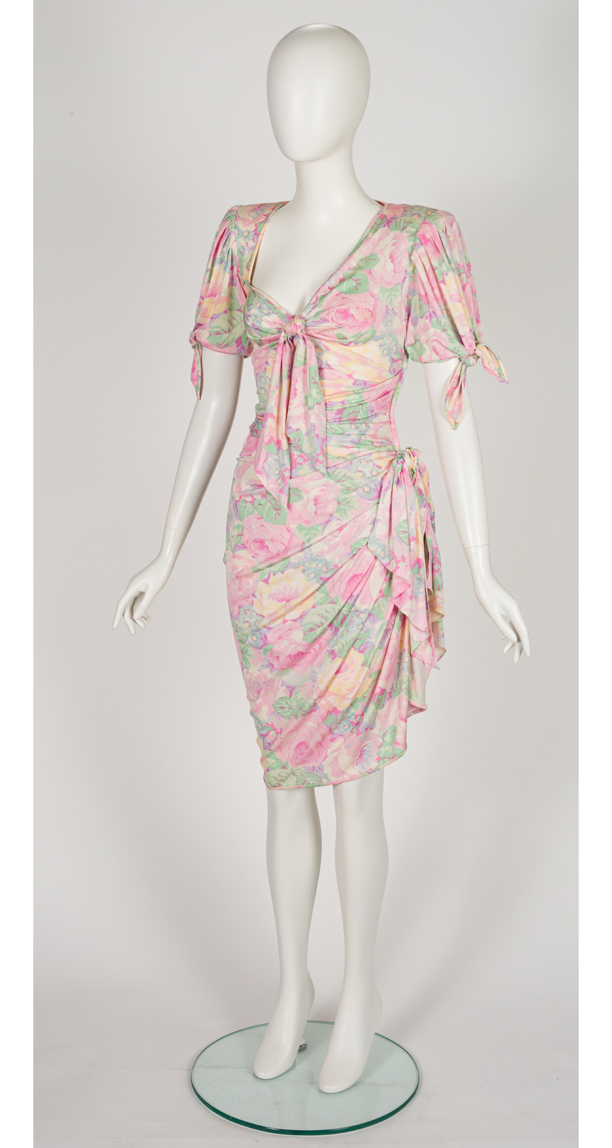 1988 S/S Floral Pastel Silk Jersey Ruched Dress