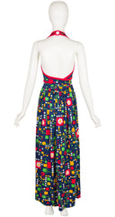 1970s Floral Geometric Print Cotton Jersey Halter Maxi Dress