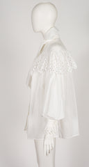1983 S/S White Eyelet Cotton Ruffle Tie-Neck Blouse