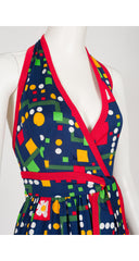 1970s Floral Geometric Print Cotton Jersey Halter Maxi Dress