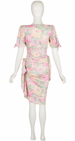 1988 S/S Floral Pastel Silk Jersey Ruched Dress