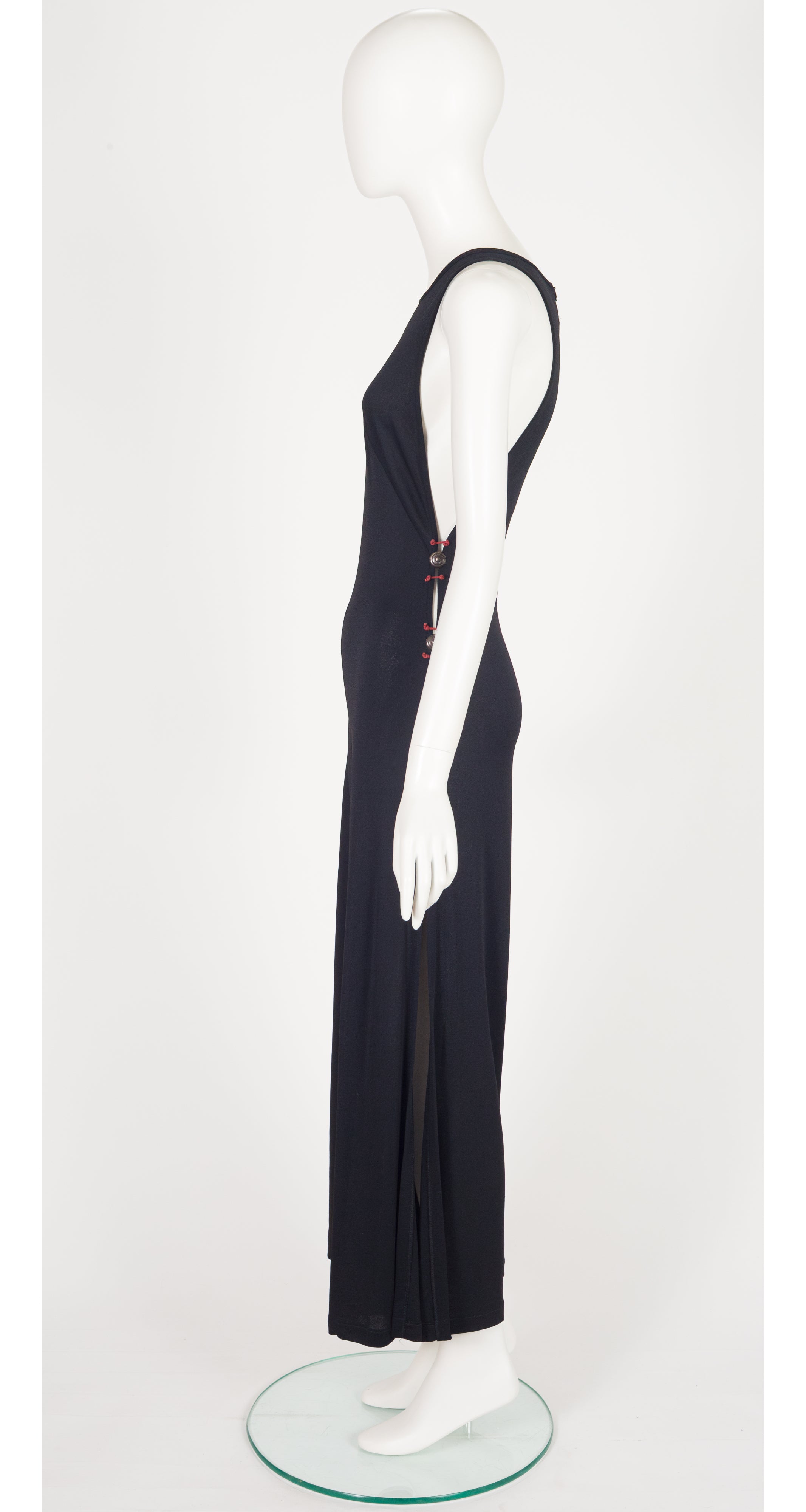 1990s Black Viscose Jersey Open-Side Jumpsuit