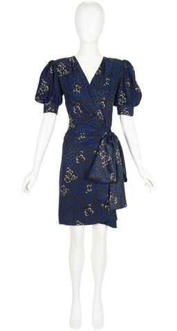 1985 S/S Black Silk Jacquard Puff Sleeve Wrap Dress