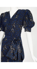 1985 S/S Black Silk Jacquard Puff Sleeve Wrap Dress