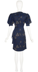 1985 S/S Black Silk Jacquard Puff Sleeve Wrap Dress