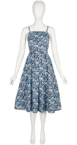 1970s Blue Floral Cotton Fit & Flare Dress