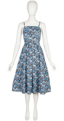 1970s Blue Floral Cotton Fit & Flare Dress