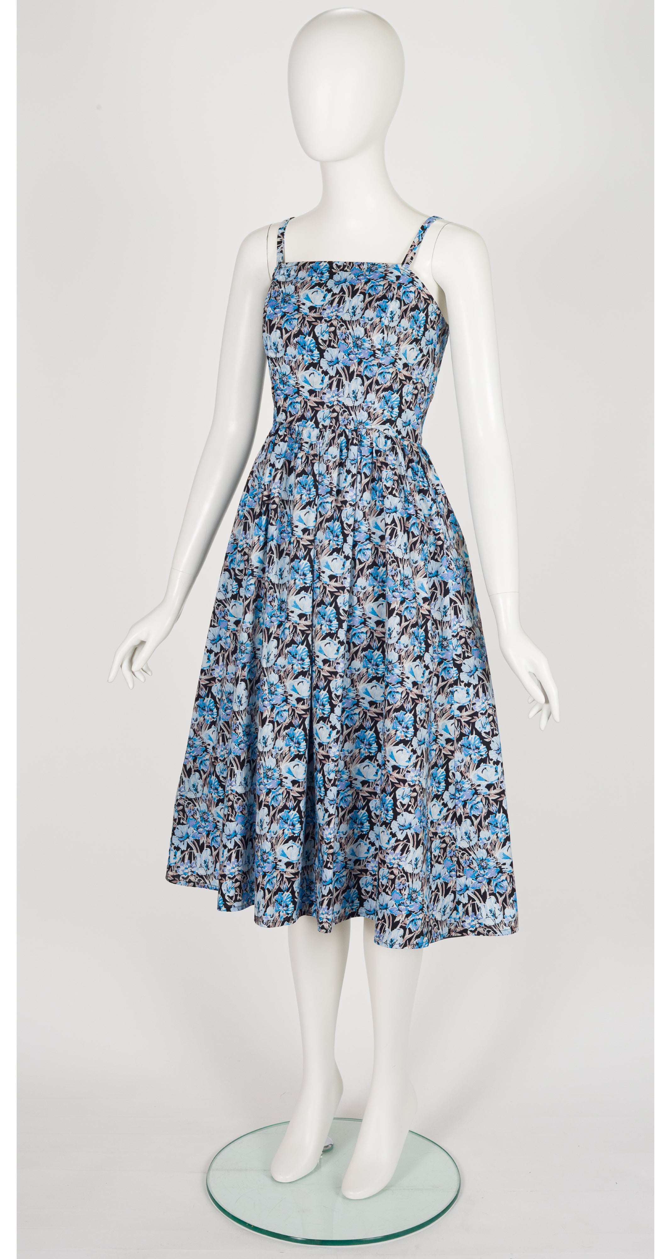 1970s Blue Floral Cotton Fit & Flare Dress