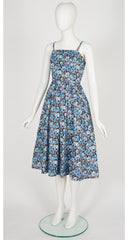1970s Blue Floral Cotton Fit & Flare Dress