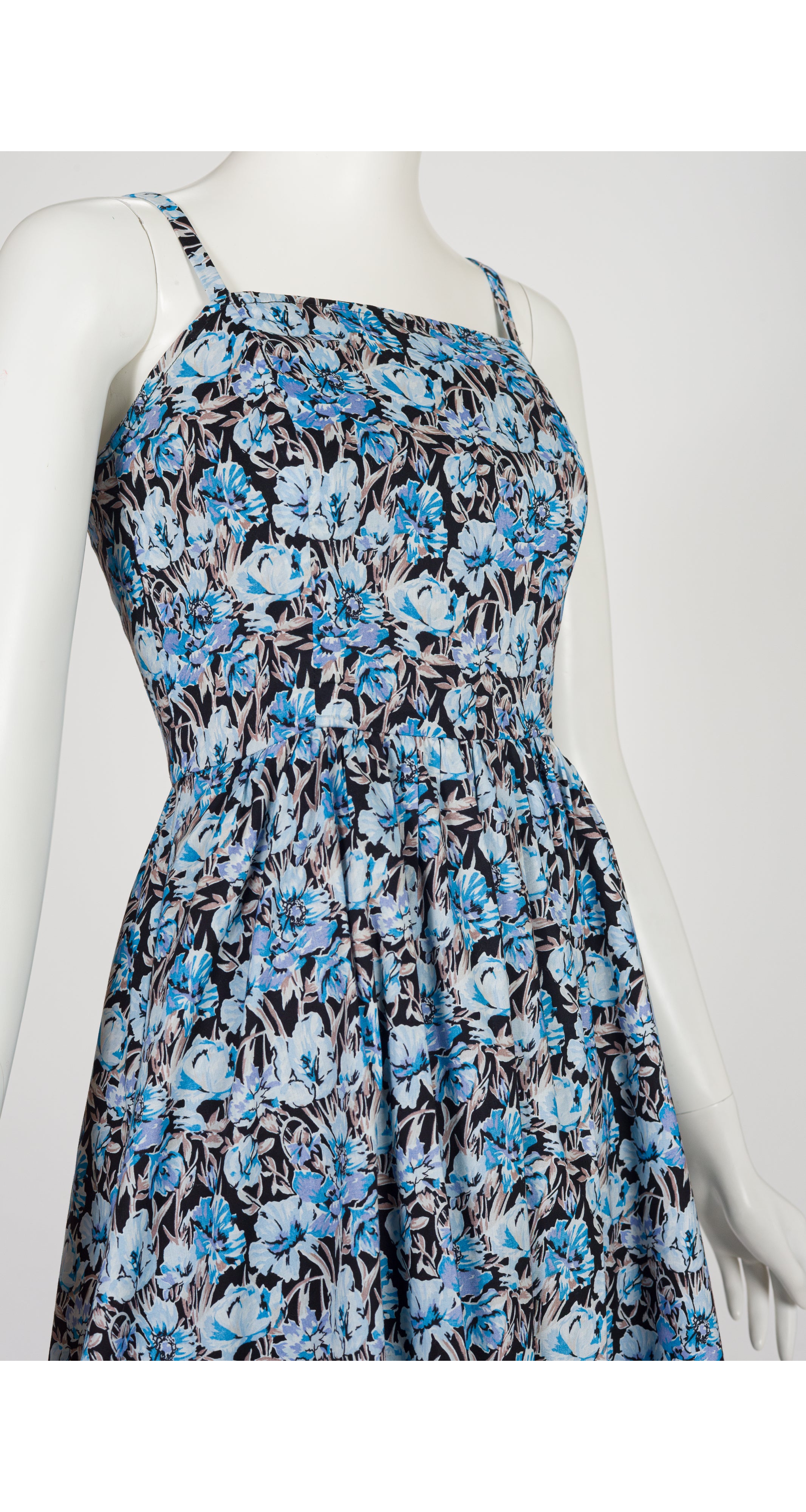 1970s Blue Floral Cotton Fit & Flare Dress