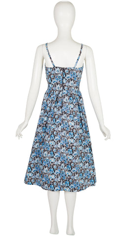 1970s Blue Floral Cotton Fit & Flare Dress