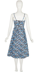 1970s Blue Floral Cotton Fit & Flare Dress