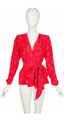 1980s Red Heart Print Silk Jacquard Wrap Blouse