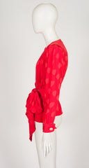 1980s Red Heart Print Silk Jacquard Wrap Blouse