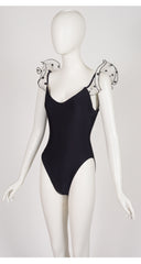 1980s Polka Dot Ruffle Strap Black One-Piece Swimsuit