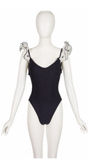 1980s Polka Dot Ruffle Strap Black One-Piece Swimsuit