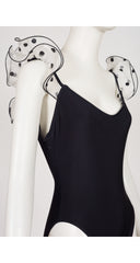 1980s Polka Dot Ruffle Strap Black One-Piece Swimsuit