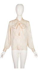 1970s Peony Print Cream Silk Jacquard Tie-Neck Blouse