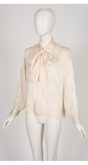 1970s Peony Print Cream Silk Jacquard Tie-Neck Blouse