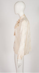 1970s Peony Print Cream Silk Jacquard Tie-Neck Blouse