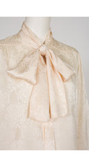 1970s Peony Print Cream Silk Jacquard Tie-Neck Blouse