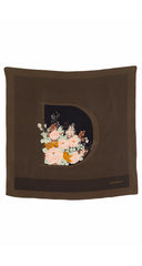 1980s "D" Floral Bouquet Print Brown Silk Scarf