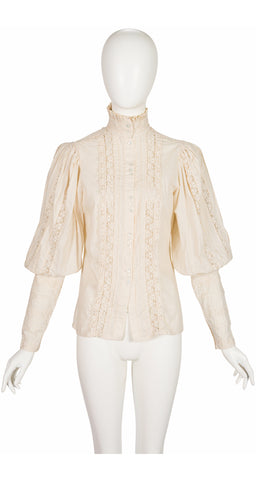 1980s Cream Cotton Lace Leg-of-Mutton Sleeve Blouse