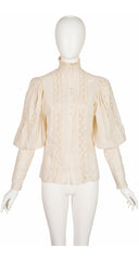 1980s Cream Cotton Lace Leg-of-Mutton Sleeve Blouse