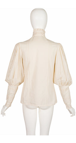 1980s Cream Cotton Lace Leg-of-Mutton Sleeve Blouse