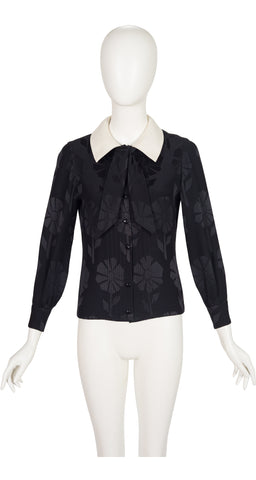 1973 Daisy Print Black Silk Jacquard Collared Blouse