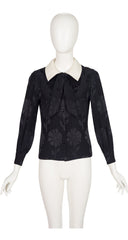 1973 Daisy Print Black Silk Jacquard Collared Blouse