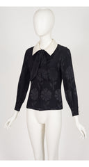 1973 Daisy Print Black Silk Jacquard Collared Blouse