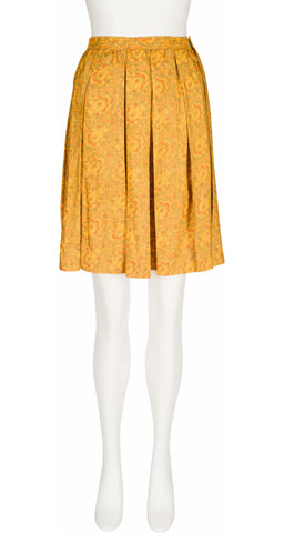 1981 S/S Floral Mustard Raw Silk Pleated Skirt