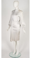 1986-87 F/W Silver Liquid Satin Balloon Sleeve Sash Dress