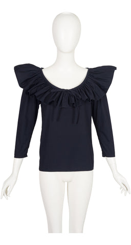 1988 S/S Black Poplin Cotton Ruffle Collar Top