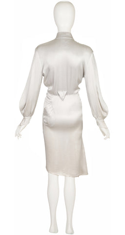 1986-87 F/W Silver Liquid Satin Balloon Sleeve Sash Dress