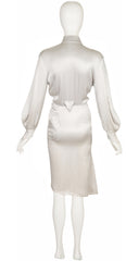 1986-87 F/W Silver Liquid Satin Balloon Sleeve Sash Dress