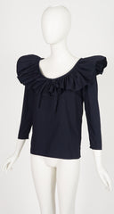 1988 S/S Black Poplin Cotton Ruffle Collar Top